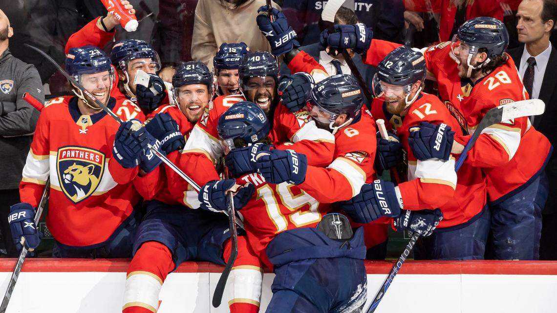 Florida Panthers left wing Matthew Tkachuk (19) celebrates with his teammates after scoring a goal against the Carolina Hurricanes in the third period of Game 4 of the NHL Stanley Cup Eastern Conference finals series at the FLA Live Arena on Wednesday, May 24, 2023 in Sunrise, Fla.