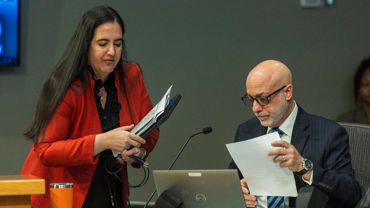 City of Miami attorney Victoria Mendez and attorney John Greco, during a City Commission meeting at City Hall on Thursday, Jan. 25, 2024.