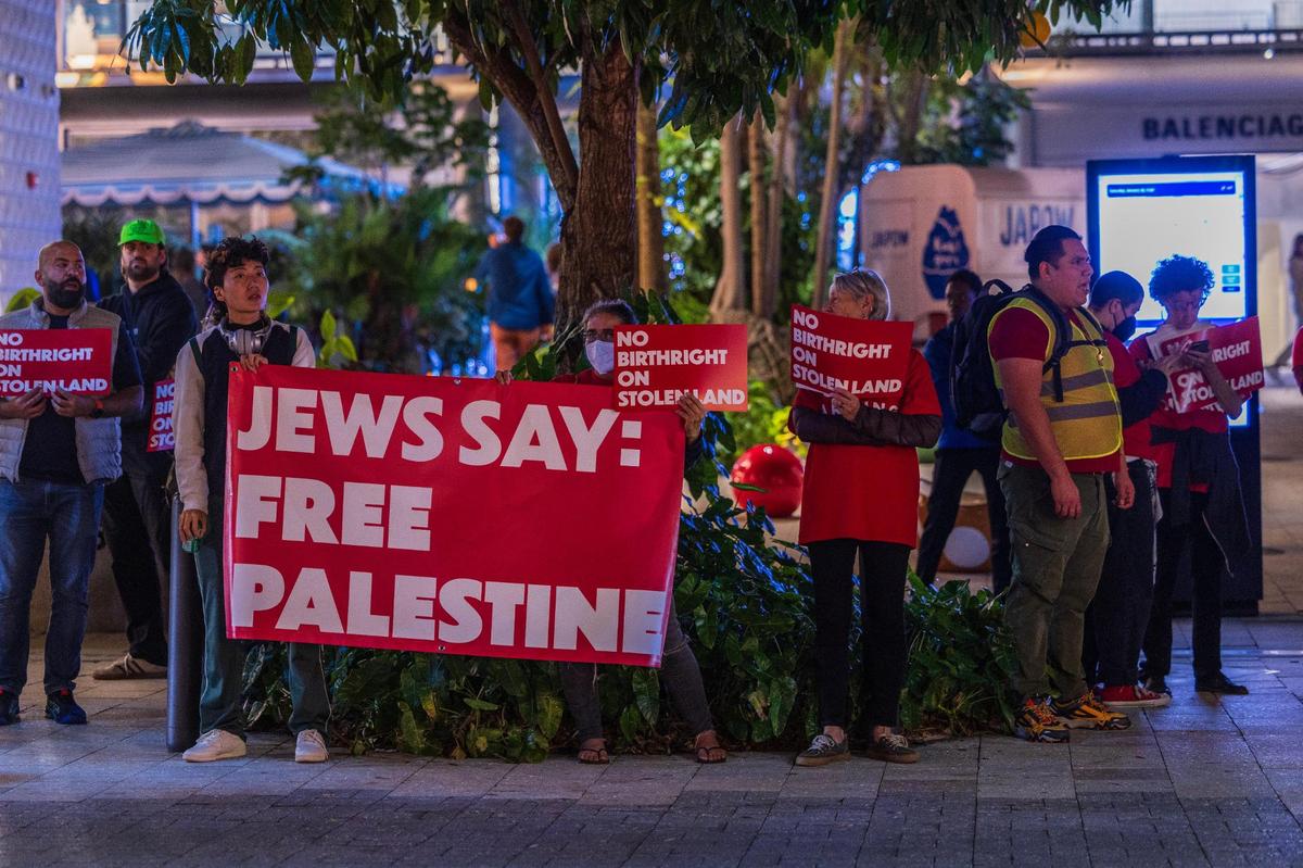 The advocacy group, Jewish Voice for Peace South Florida, spoke out against a shooting in Miami Beach that targeted Palestinians. The group is shown here protesting outside of an anniversary party for Israel’s birthright program last month.