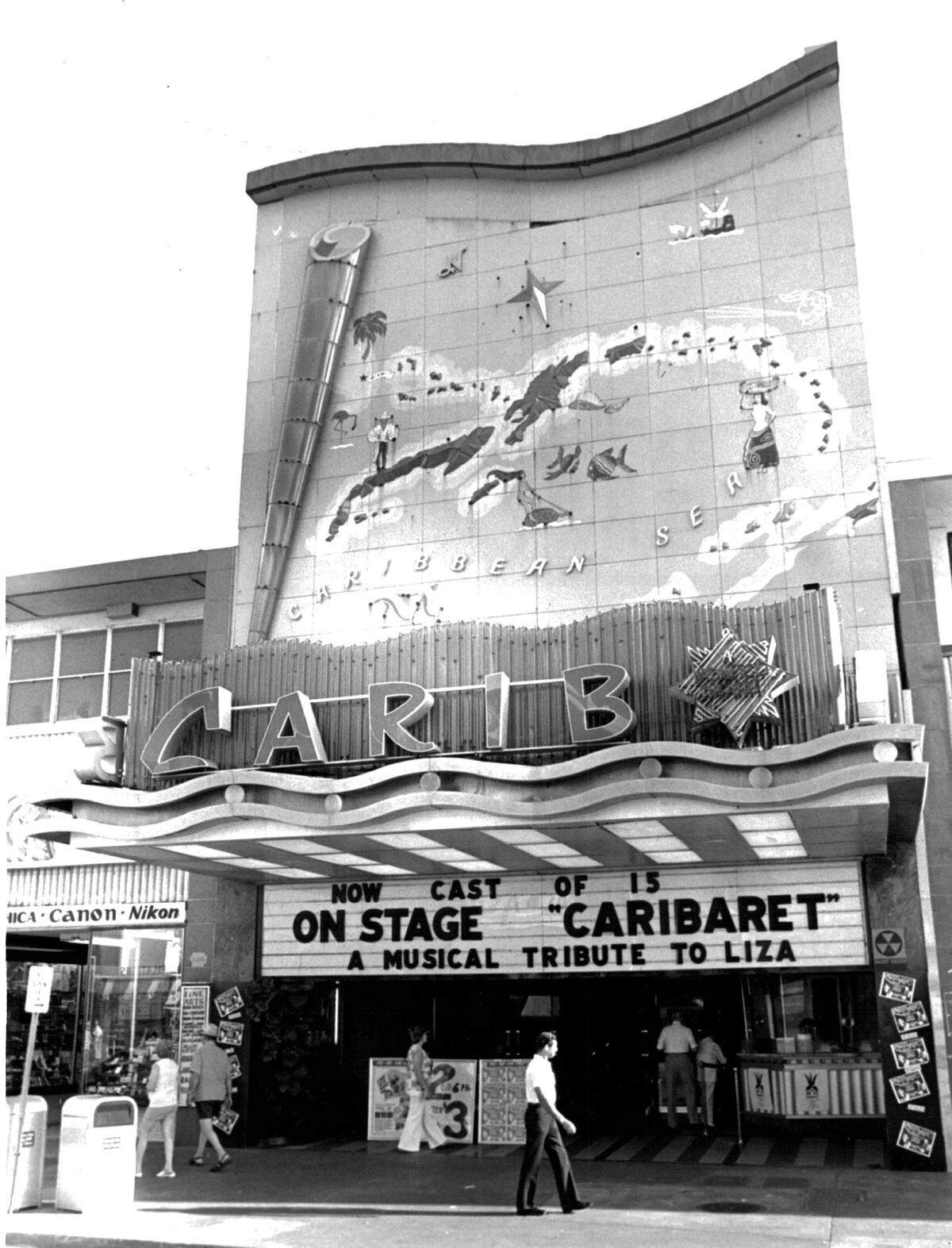 March 20, 1971: The Carib Theare on Lincoln Road. The sign features a raised porcelain facade that reveal a colorful map of the Caribbean area, including the southernmost portion of Florida.