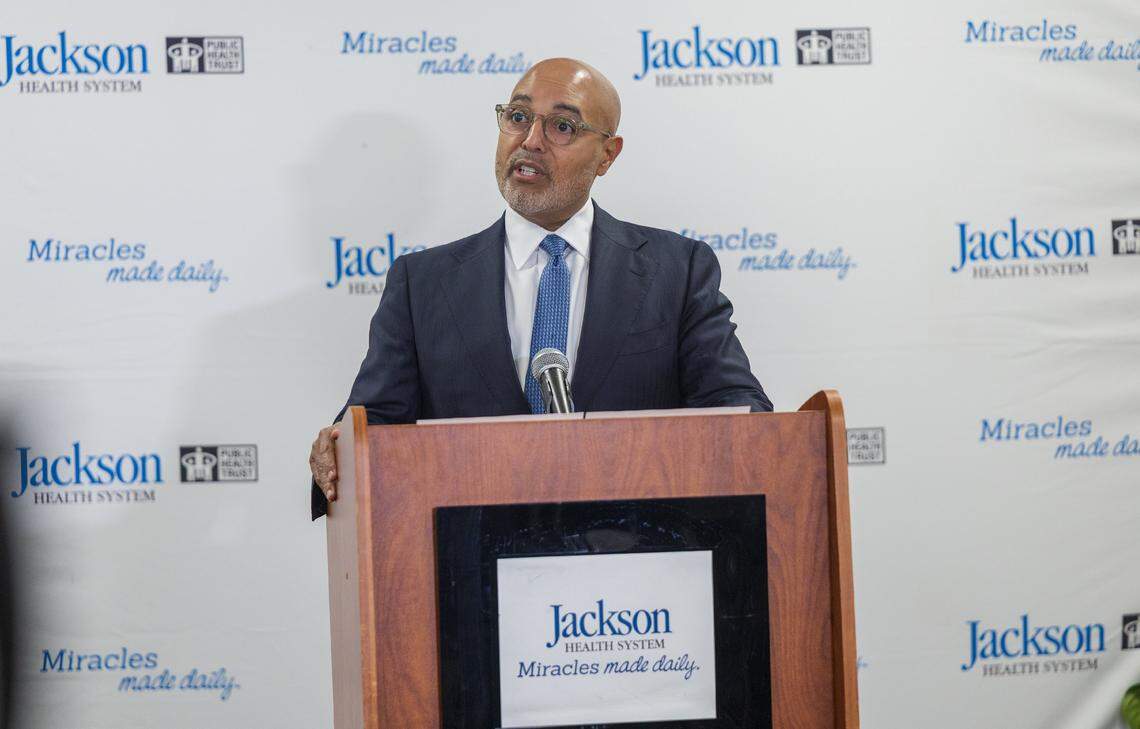 Jackson Health System’s new CEO David Zambrana speaks during a press conference on Thursday, Jan. 29, 2026. Zambrana will start his CEO role in June.
