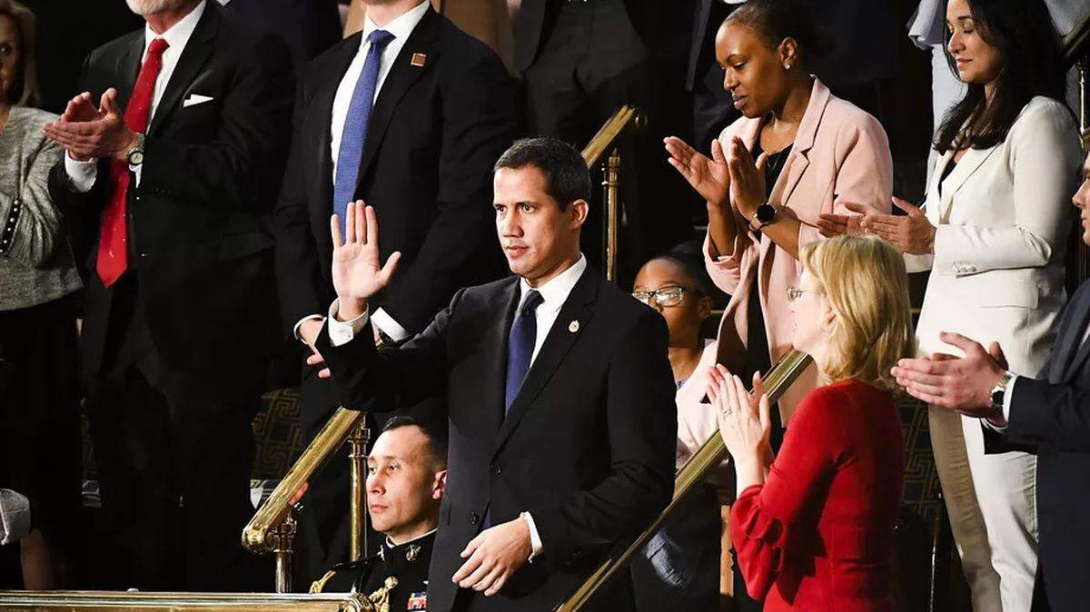 Juan Guaidó waves as he is acknowledged by President Trump during his State of the Union address on Feb. 4.