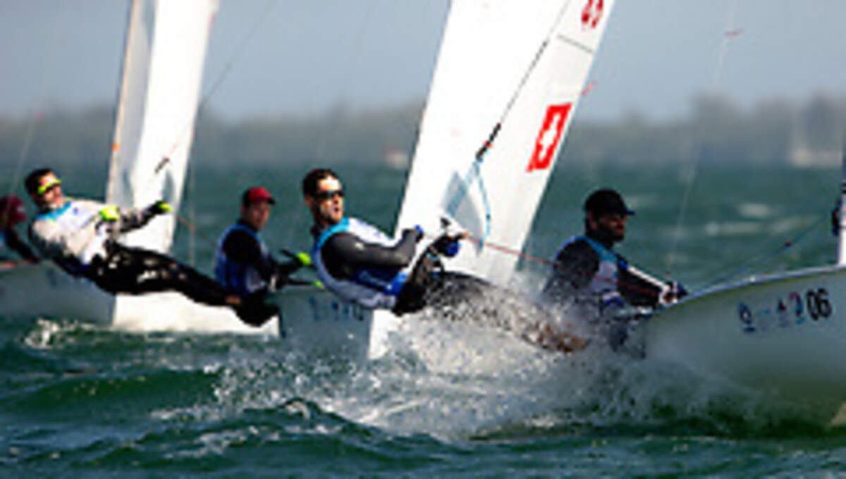 David Hughes and skipper Stu McNay sailing in 470 class at Hempel World Cup Series Miami regatta.