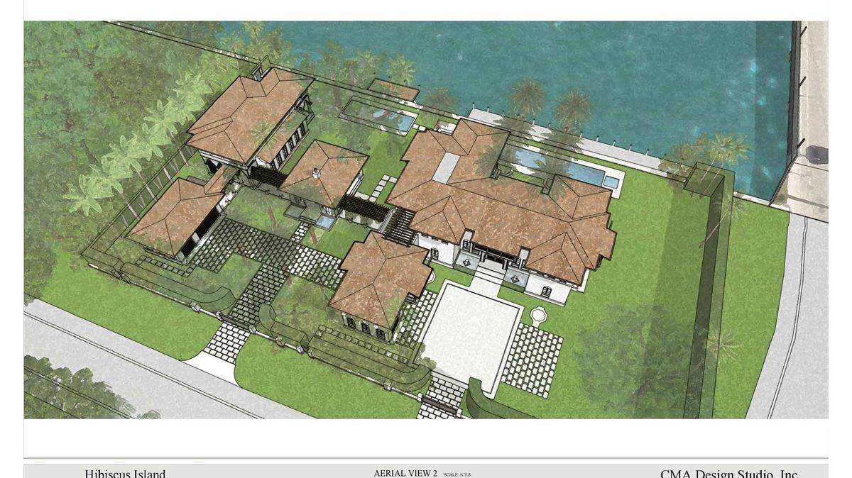 Ibrahim Al-Rashid bought another one of his neighbor’s houses on Hibiscus Island in February and plans to build the island’s largest estate. A rendering of the plans shows new buildings connected to Al-Rashid’s existing home on the right.