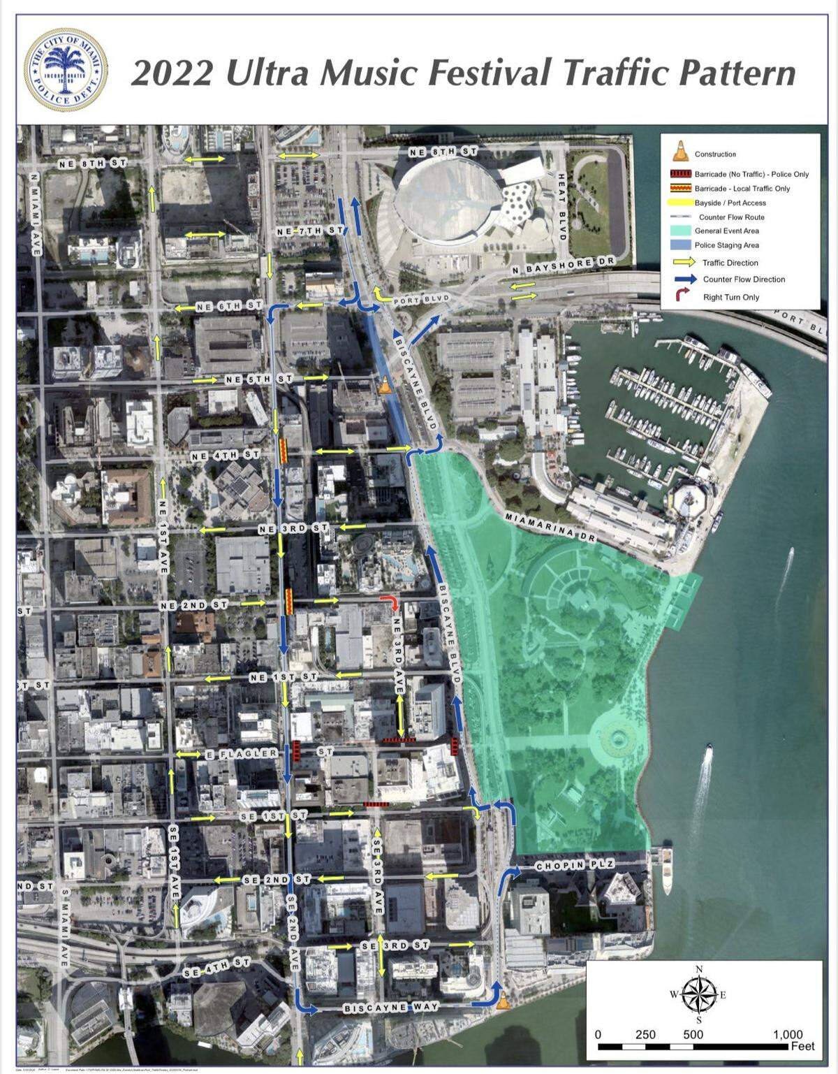 A map showing the traffic plan for Ultra’s 2022 music festival in downtown Miami