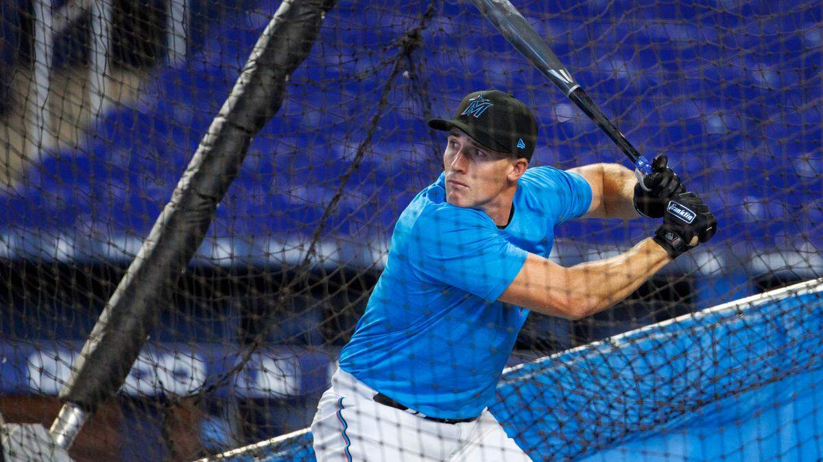 Miami Marlins 2022 first-round pick Jacob Berry during batting practice before the start of a baseball game against the Texas Rangers at LoanDepot Park on Thursday, July 21, 2022 in Miami, Florida.