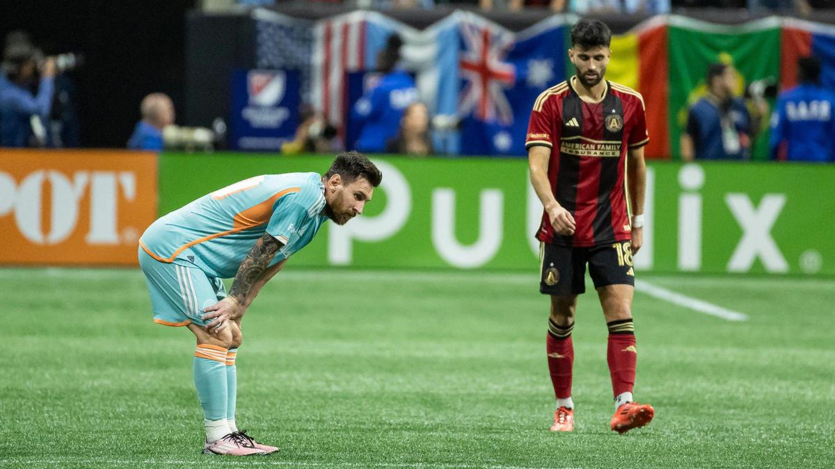Inter Miami forward Lionel Messi (10) reacts after Atlanta United forward Xande Silva (16) scored a goal in the second half of match two of their MLS Playoffs series at the Mercedes-Benz Stadium on Saturday, Nov. 2, 2024, in Atlanta, Ga.