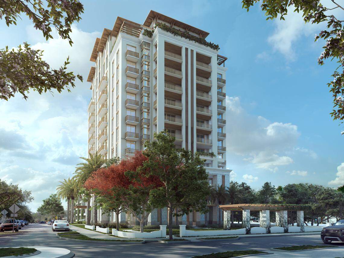 An architectural rendering of the planned Villa Valencia ultra-luxury condo tower on the edge of downtown Coral Gables. The penthouse is for sale at $10.5 million.