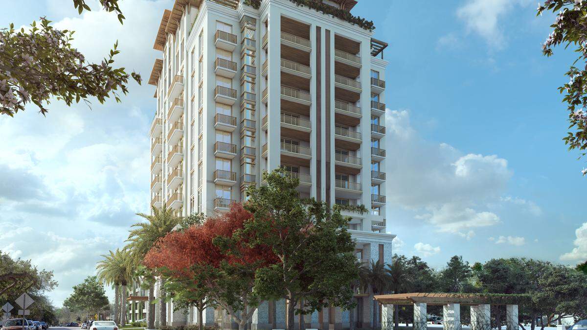 Representación arquitectónica de la proyectada torre de apartamentos de lujo Villa Valencia en las afueras del downtown de Coral Gables.