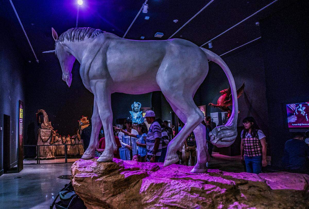 View of a 10-foot-long unicorn, at the entrance to the “Mythic Creatures: Dragons, Unicorns & Mermaids”, exhibition on display at the HistoryMiami Museum, The exhibition opening on July 8th, traces the natural and cultural roots of some of the world’s most enduring mythological creatures from Asia, Europe, the Americas, and beyond, and even how Miamians embrace their own mythic fantasies. Organized by theAmerican Museum of Natural History in New York, on Saturday, July 08, 2023.