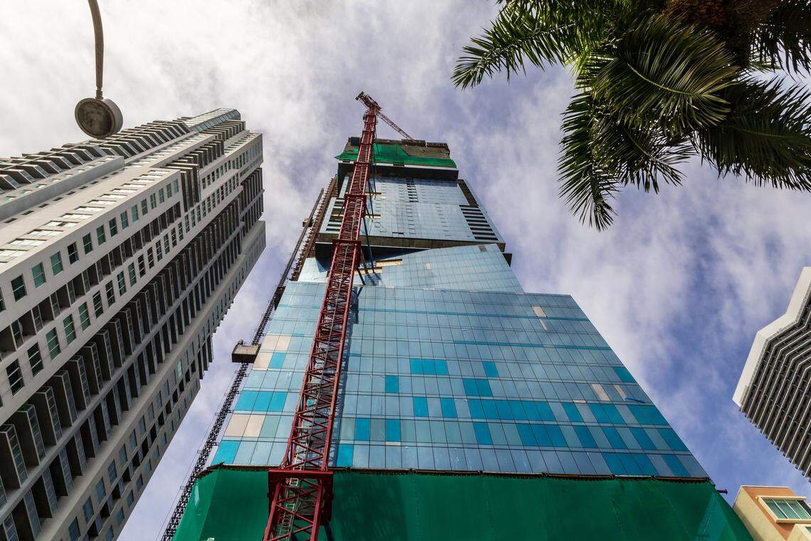 View of the Waldorf Astoria Hotel and Residences (center) a supertall skyscraper currently under construction located at 300 Biscayne Boulevard, in downtown, Miami, Florida. Once completed at 1,049 feet tall and rising 100 stories, it will be Miami's tallest tower AND Miami's first supertall skyscraper, on Wednesday, April 01, 2026.