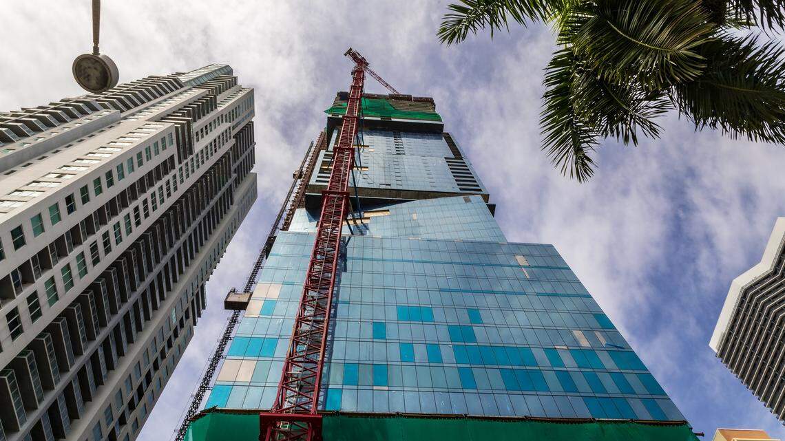 View of the Waldorf Astoria Hotel and Residences (center) a supertall skyscraper currently under construction located at 300 Biscayne Boulevard, in downtown, Miami, Florida. Once completed at 1,049 feet tall and rising 100 stories, it will be Miami's tallest tower AND Miami's first supertall skyscraper, on Wednesday, April 01, 2026.