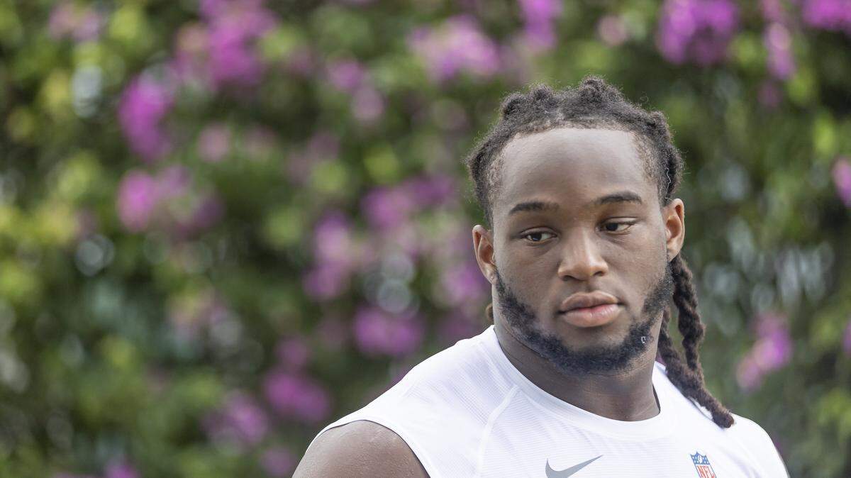 Miami Dolphins defensive tackle Jordan Phillips (94) talks with reporters after participating in training camp at the Baptist Health Training Complex on Tuesday, July 29, 2025, in Miami Gardens, Fla.