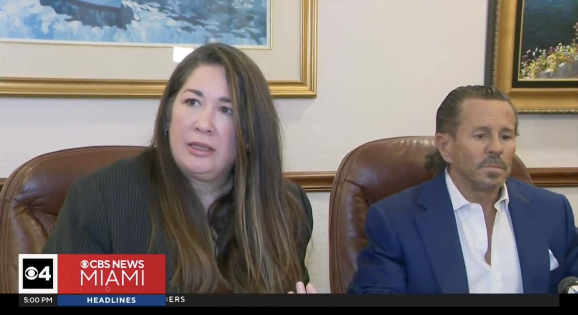 Attorneys Adriana Alcalde, left, and Cam Justice, right, speak to reporters about the ongoing lawsuit against former Dolphins cornerback Xavien Howard on Thursday, June 6, 2024.