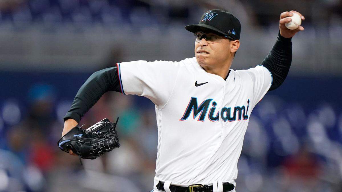 Miami Marlins’ Jesus Luzardo delivers a pitch during the first inning of a baseball game against the Atlanta Braves, Monday, Oct. 3, 2022, in Miami. (AP Photo/Wilfredo Lee)