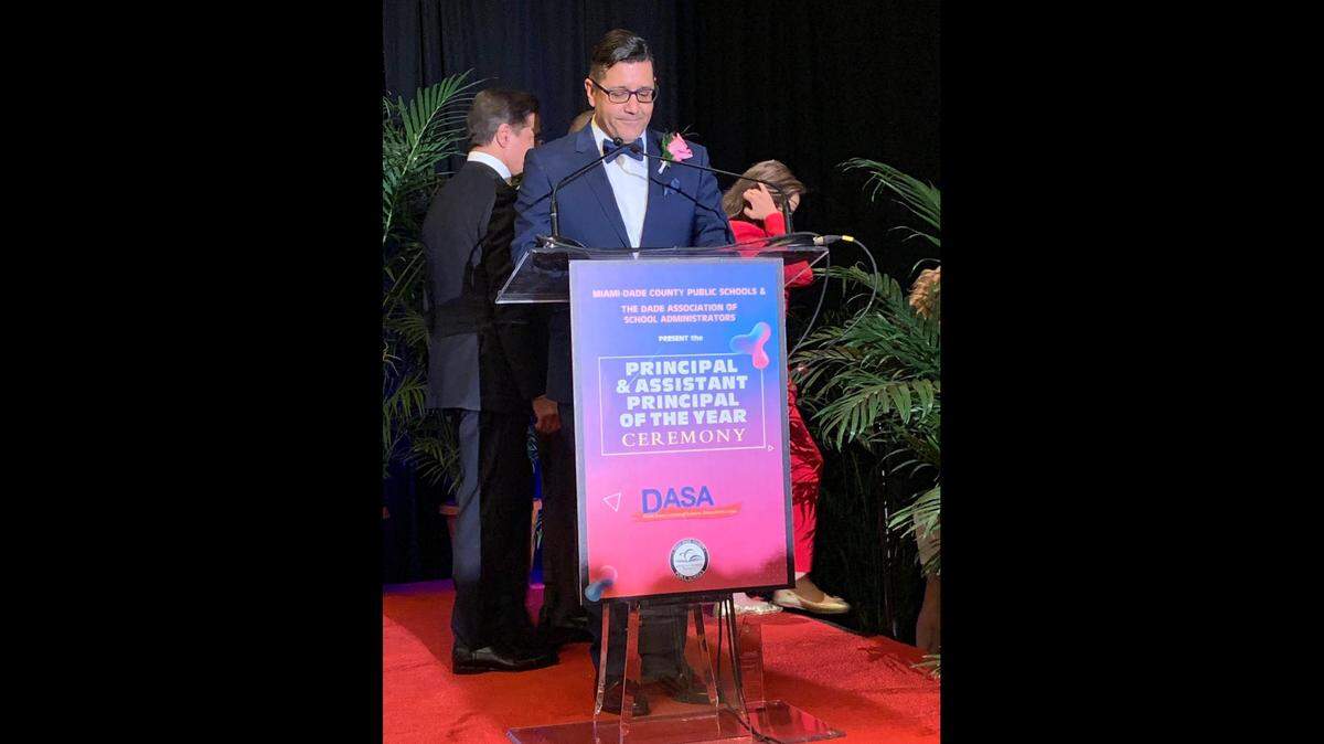 Miguel Veloso, principal of Miami Springs Adult Education Center, was honored as Principal of the Year by Miami-Dade County Public Schools on April 11, 2019. Veloso, 49, has worked in the school district since 1995.