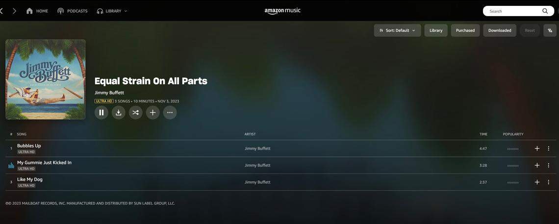 The first three songs from Jimmy Buffett’s final studio album, “Equal Strain on All Parts” were released to streaming and download platforms like Amazon Music on Sept. 8, 2023. Paul McCartney plays bass on “My Gummie Just Kicked In.” The other two tracks “Bubbles Up” and “Like My Dog” feature members of Buffett’s Coral Reefer Band.