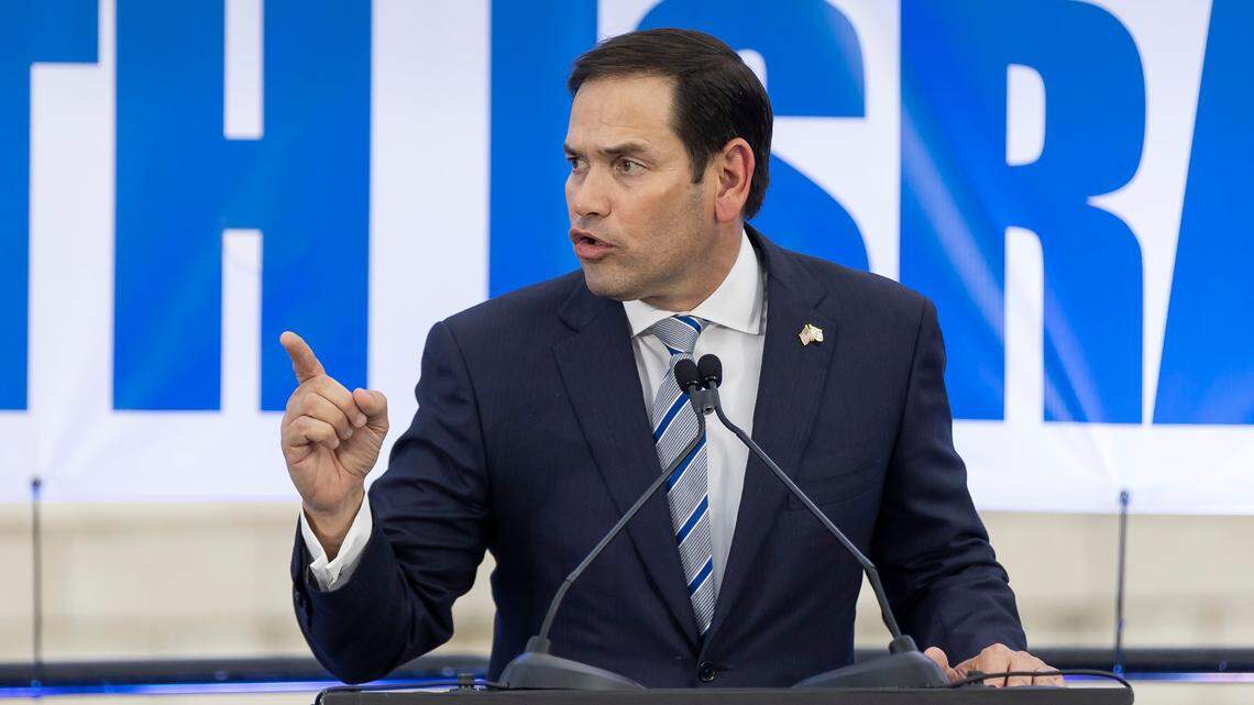 Florida Senator Marco Rubio speaks during a rally at the Holocaust Memorial on Tuesday, Oct. 10, 2023, in Miami Beach, Fla.