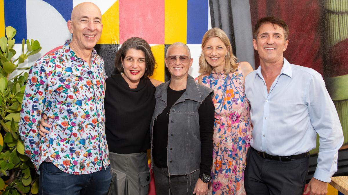 Seth Gadinsky, Elizabeth Schwartz, honoree Robin Schwartz, Liebe Gadinsky and Michael Bath at a National LGBTQ Task Force reception held May 26, 2021, at R House in Wynwood.