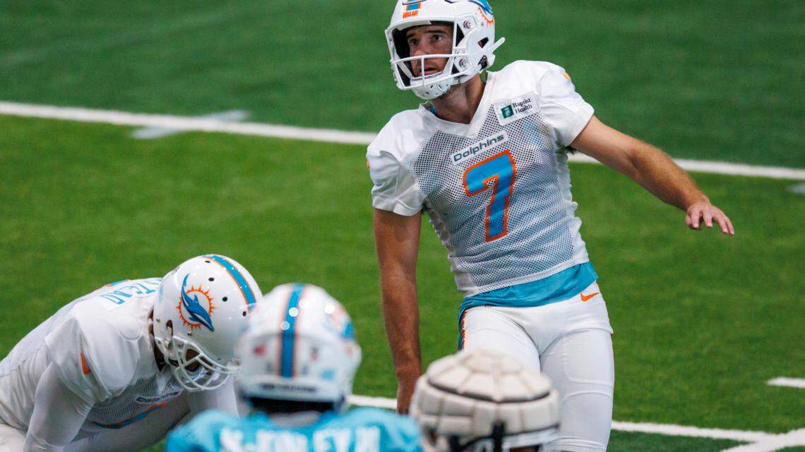 Miami Dolphins place kicker Jason Sanders (7) follows through on field goal during NFL football training camp at Baptist Health Training Complex in Hard Rock Stadium on Thursday, August 18, 2022 in Miami Gardens, Florida.