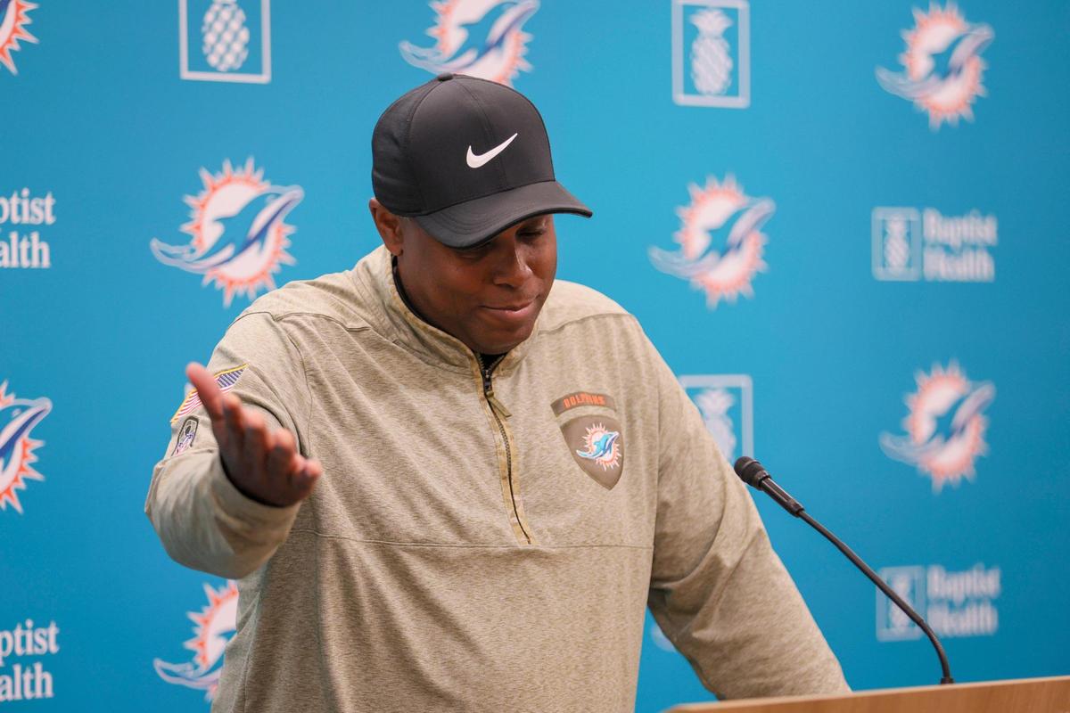 Miami Dolphins general manager Chris Grier reacts during a press conference at Baptist Health Training Facility in Miami Gardens, Florida, Wednesday, August 30, 2023.