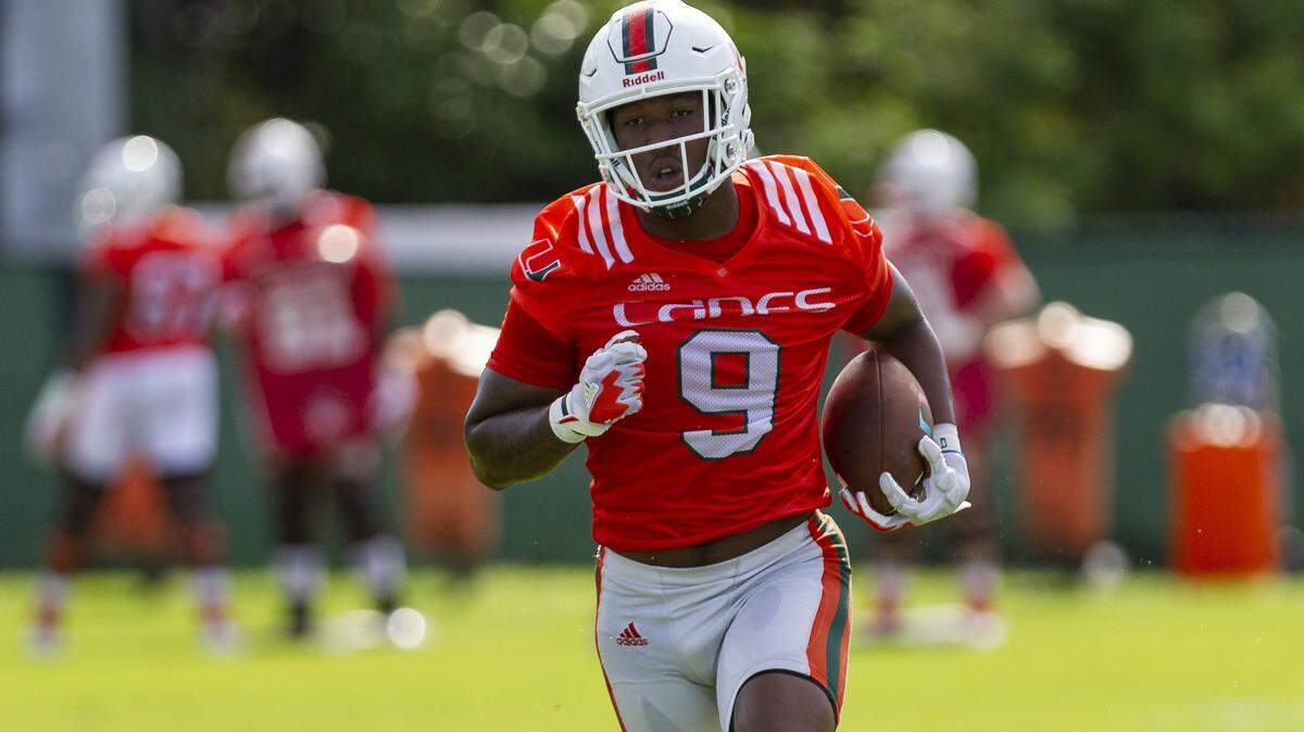 University of Miami tight end Brevin Jordan (9) Brevin Johnson runs a drill during the first day of fall training camp at the Greentree Practice Fields in Coral Gables on Saturday, August 4, 2018.