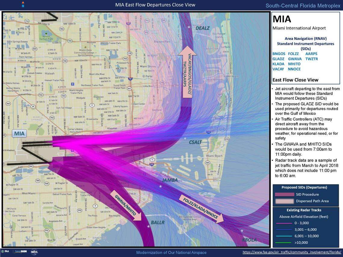 A screen grab of a Federal Aviation Administration presentation made available on its Community Engagement website shows the FAA’s proposed jet routes would affect Biscayne Park, North Miami Beach, North Miami and Miami Gardens.