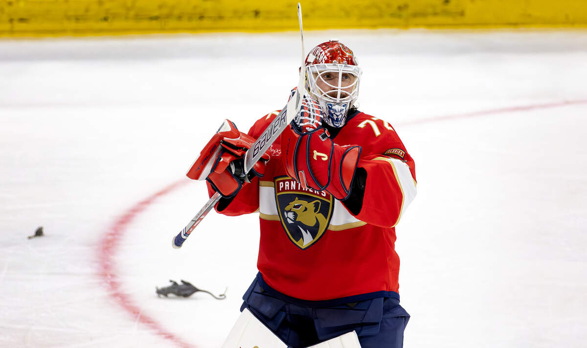 Florida Panthers goaltender Sergei Bobrovsky (72) celebrates after a 6-2 victory over the Carolina Hurricanes in Game 3 of the Eastern Conference Final during the NHL Stanley Cup Playoffs at Amerant Bank Arena on Saturday, May 24, 2025, in Sunrise, Fla.