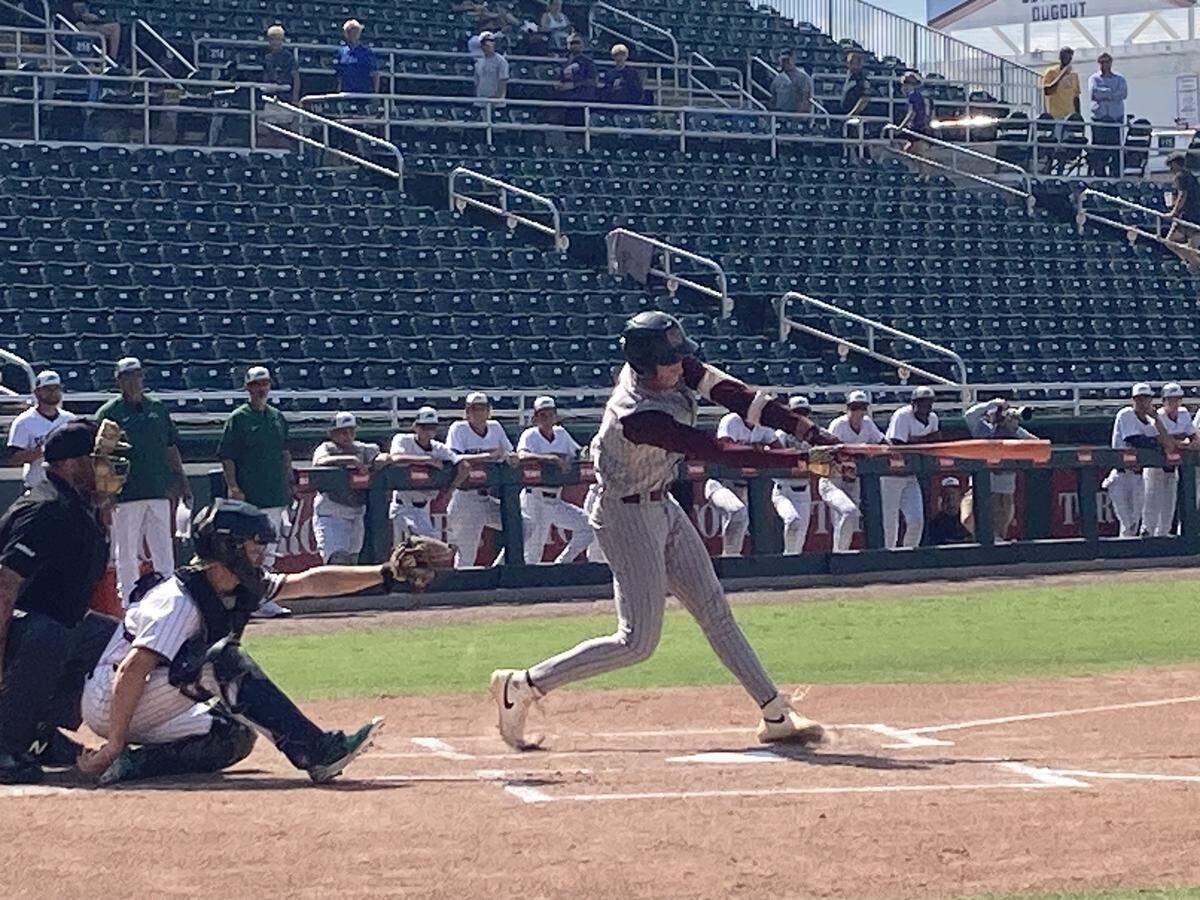 Miami Springs’ Adrian Henriquez strokes a single during Wednesday’s Class 3A baseball state semifinal against Santa Rosa Beach South Walton at Hammond Stadium in Fort Myers, Fla.