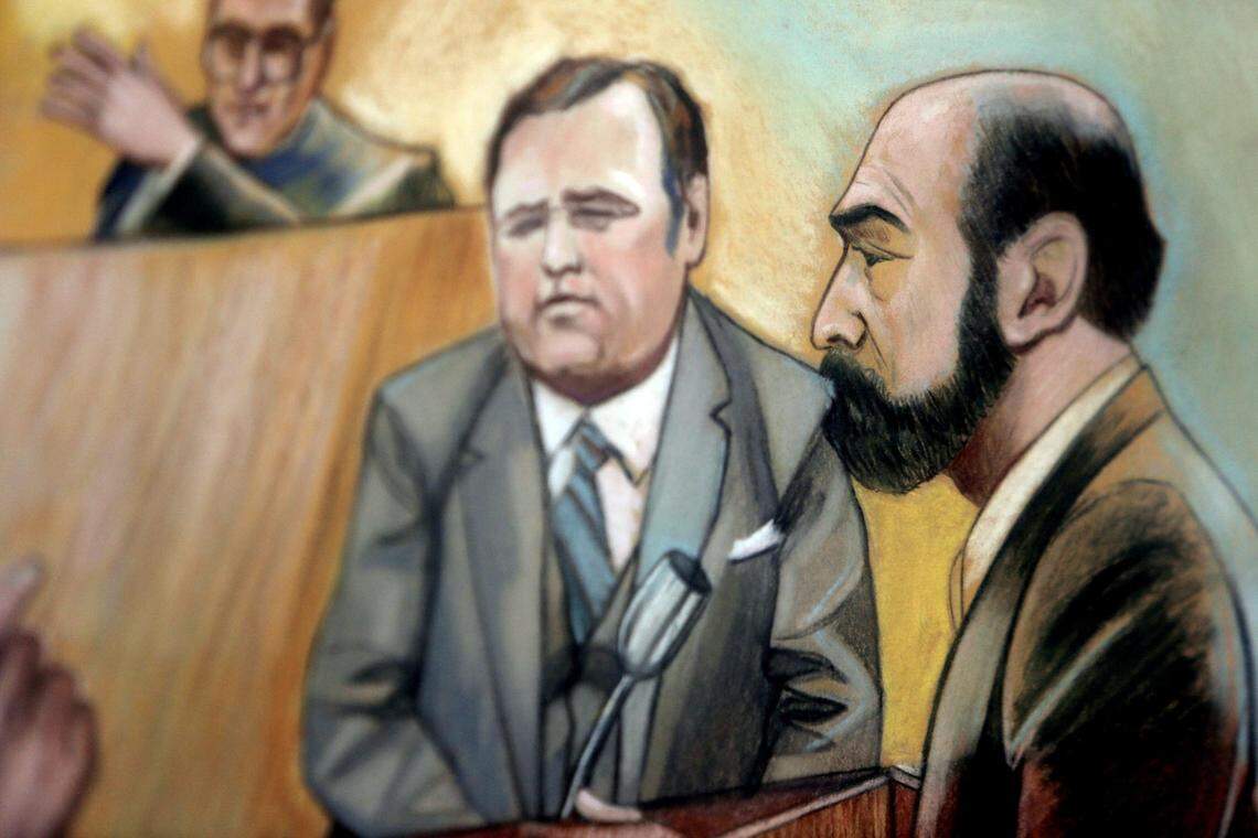 A courtroom sketch showing prosecutor Dick Gregorie and federal informant Barry Seal.
