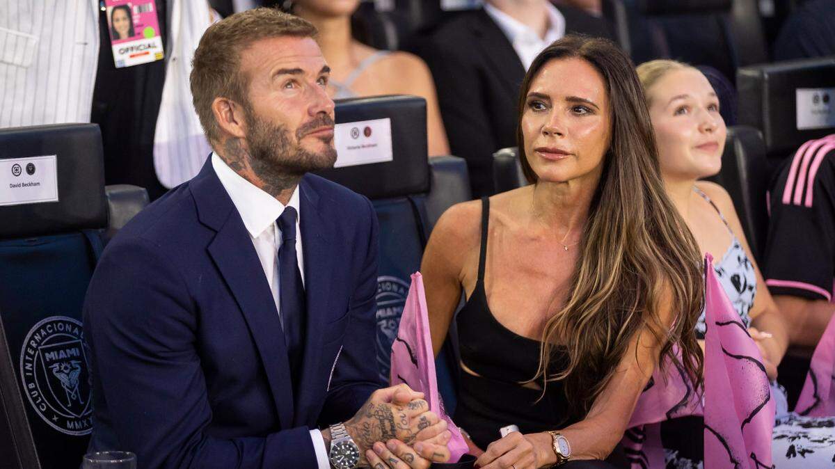 Inter Miami Co-owner David Beckham and his wife, Victoria Beckham, are seen before the start of a Leagues Cup group stage match against Cruz Azul at DRV PNK Stadium on Friday, July 21, 2023, in Fort Lauderdale, Fla.