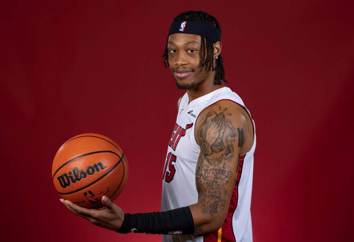 Miami Heat guard Alondes Williams (15) is photographed during team Media Day at Kaseya Center on Oct. 2, 2023, in Miami.