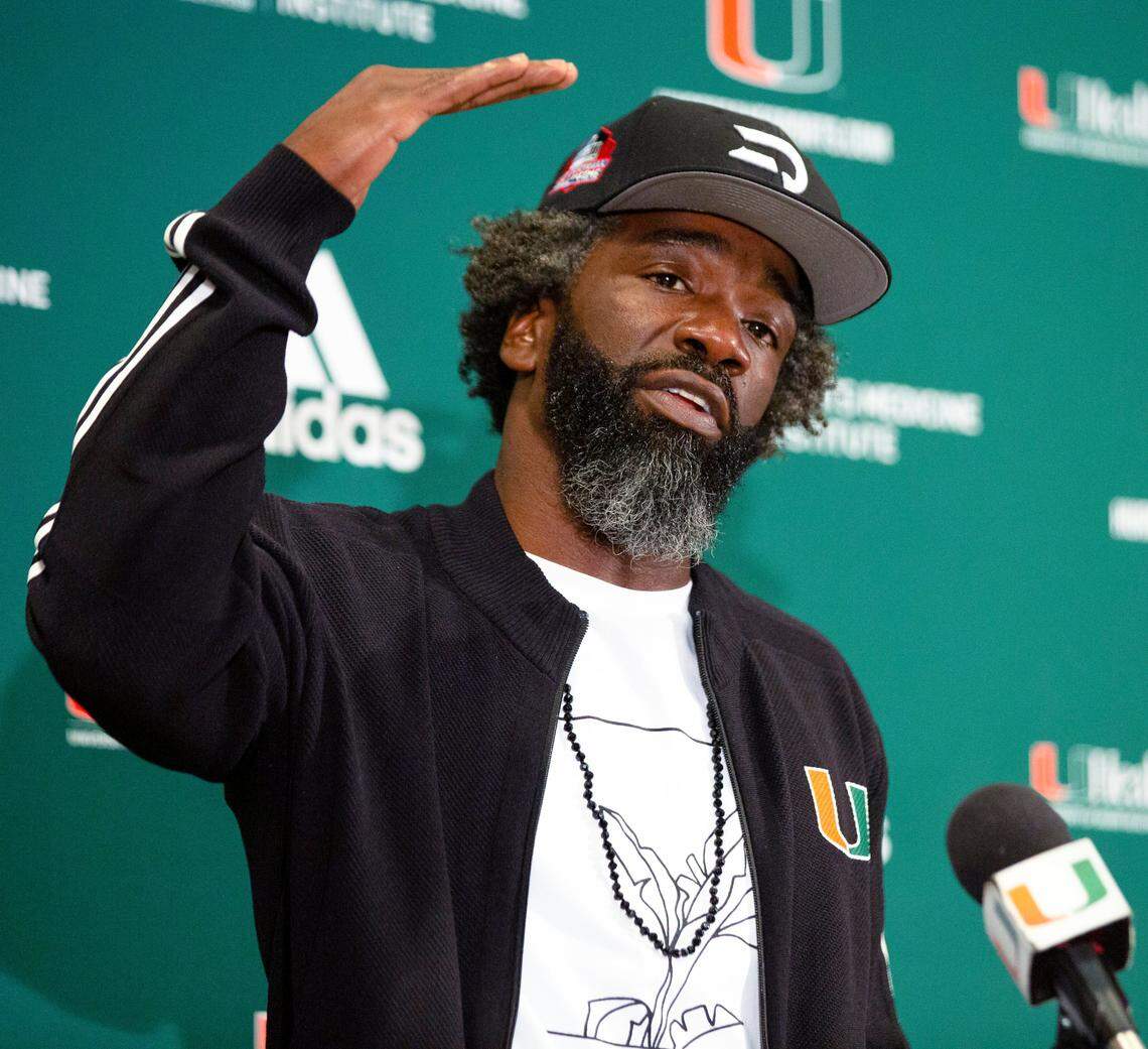 Newly appointed University of Miami Chief of Staff Ed Reed speaks with the media during the first press conference of the year at the Hecht Athletic Center on campus in Coral Gables, Florida on Wednesday, February 5, 2020