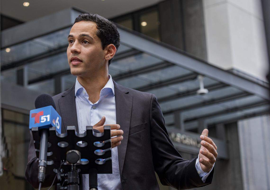 Martin Langersfel and his father's attorney Maria T. Santi of Health and Medicine Law Firm, held a press conference outside of the Osvaldo N. Soto Miami-Dade Justice Center   Justice Building, after Miami-Dade Circuit Court Judge Migna Sanchez-Llorens ruled in favor of his father Pablo Langesfeld, a cancer patient whose health insurer refused to cover a recurring $48,500 cancer treatment that could save his life, in Miami on Friday, April 24, 2026.