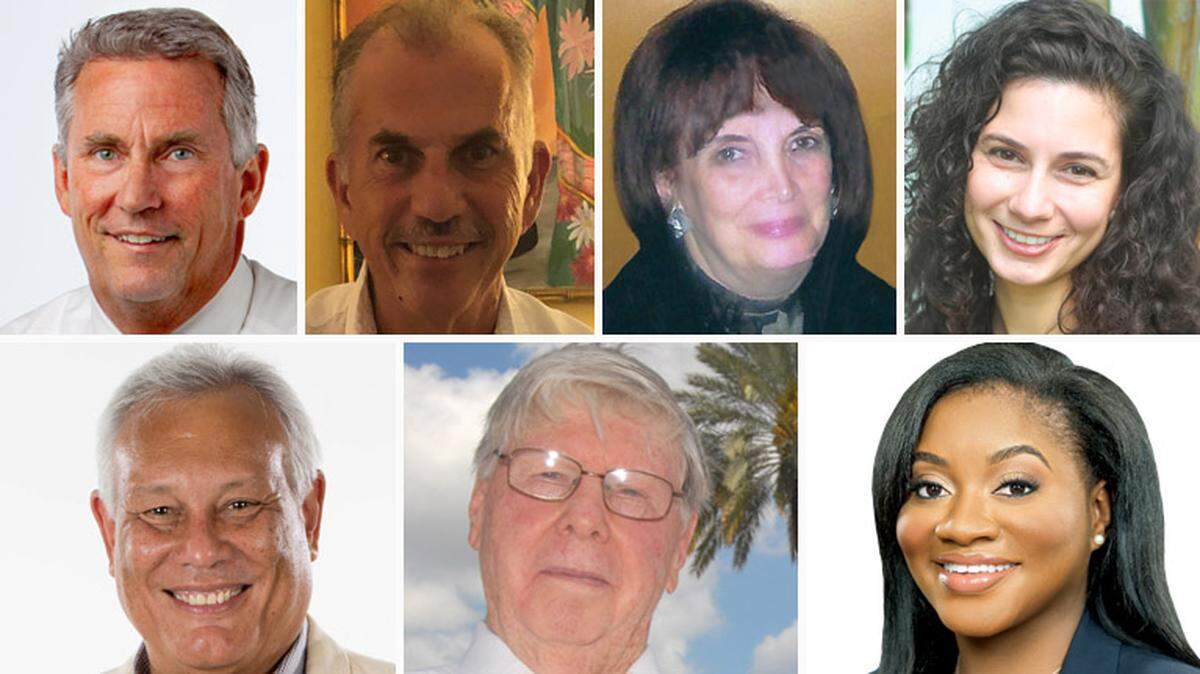 North Miami District 2 City Council candidates (clockwise from top left) Kevin Burns, William Welsh, Esther Blynn, Jessica Wolland, Hector Medina, Mike McDearmaid and Kassandra Timothe