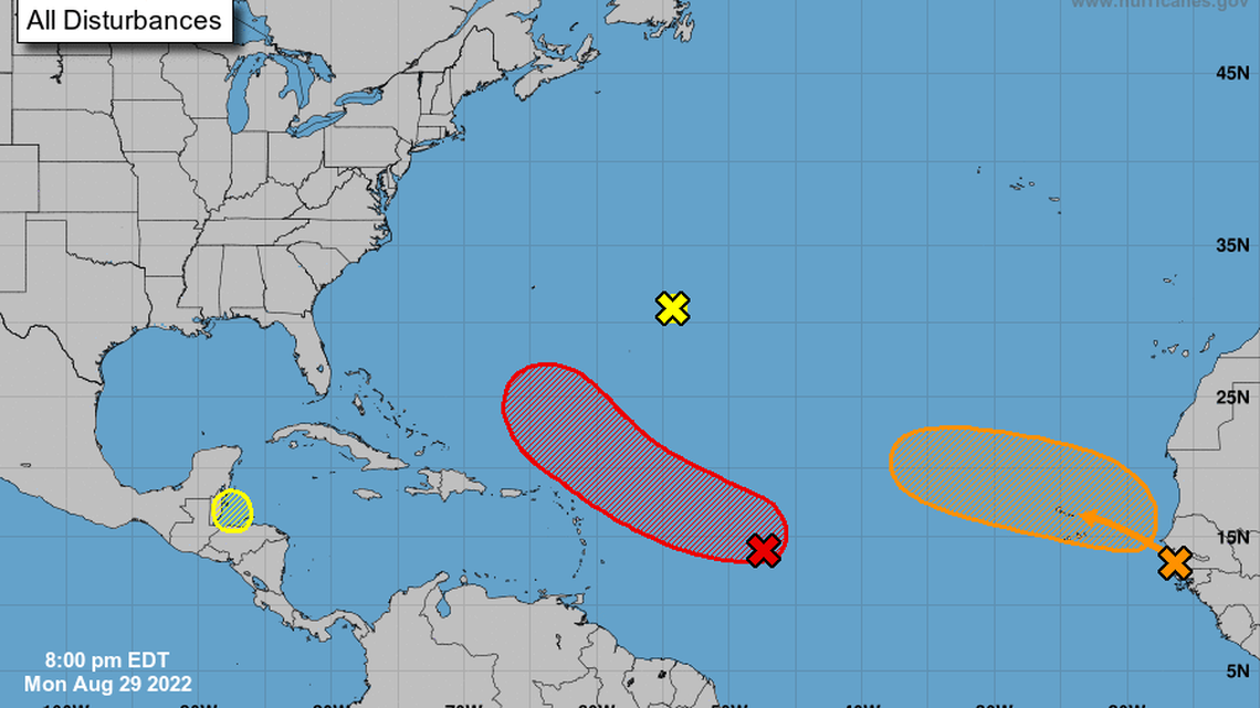 ​One of four disturbances in the Atlantic has a high chance of becoming a tropical depression in the next five days, the National Hurricane Center said Monday in its 8 p.m. forecast.