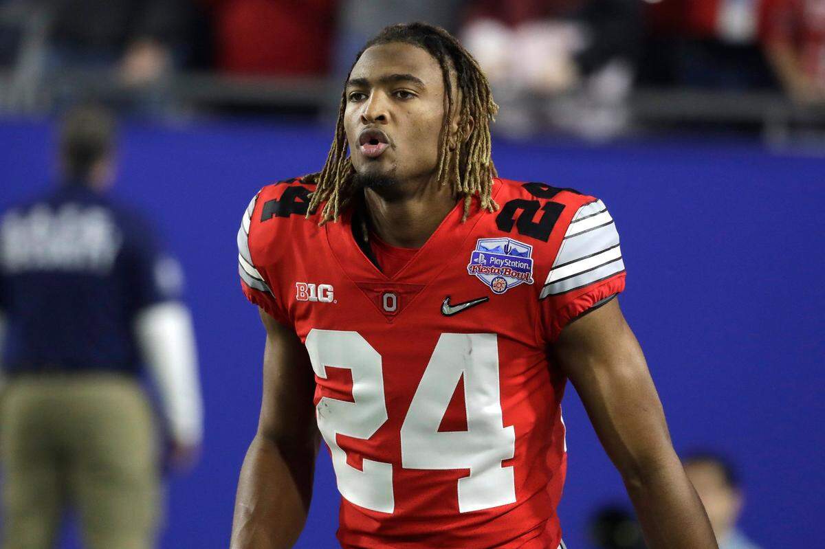 FILE - Ohio State cornerback Shaun Wade (24) is shown during the first half of the Fiesta Bowl NCAA college football game against Clemson in Glendale, Ariz., in this Saturday, Dec. 28, 2019, file photo. Wade was selected to The Associated Press All-America first-team defense, Monday, Dec. 28, 2020. (AP Photo/Rick Scuteri, File)
