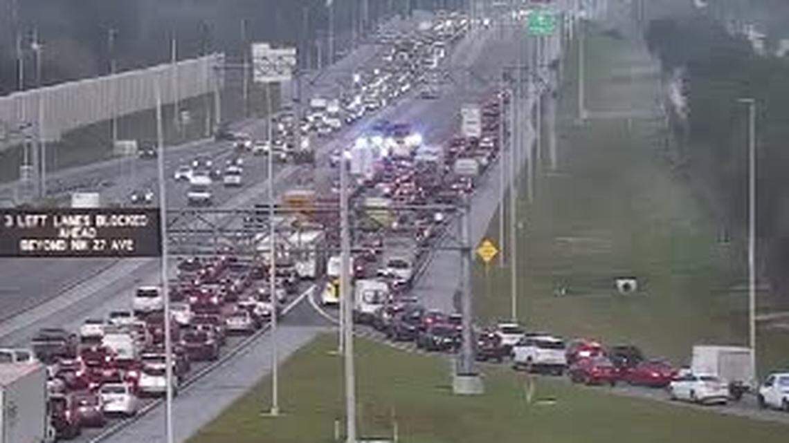 Traffic on the southbound side of Florida’s Turnpike backing up after the crash involving an 18-wheeler and a car.