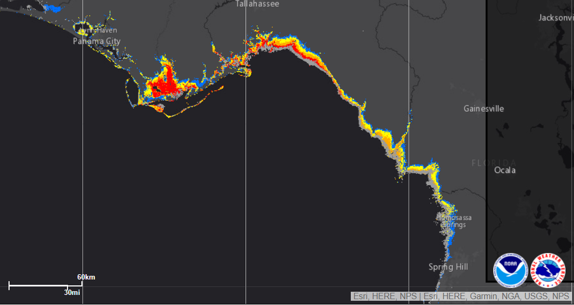 Tuesday afternoon, forecasters continued to call for the heaviest storm surge near the Big Bend, with areas in red projected to get nine feet or more and orange zones expected to get six feet or more. Source: National Hurricane Center.