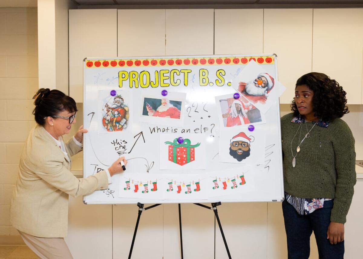 When a third grader tells her teacher played by Rita Cole, right, that Santa is a Black man, the school’s principal, played by Niki Fridh, wants to set things right in City Theatre’s “Black Santa” opening at the Carnival Studio Theater in the Adrienne Arsht Center, Miami.