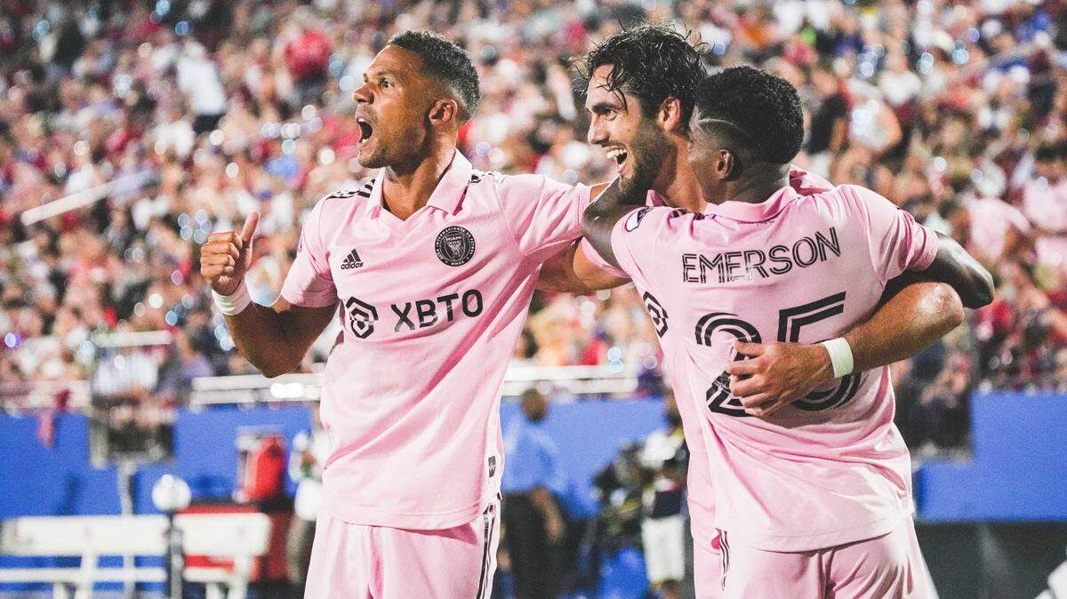 Inter Miami forward Leo Campana (center) celebrates his game-tying goal vs. FC Dallas with teammates Kieran Gibbs (left) and Emerson Rodriguez. Inter Miami tied Dallas 1-1.
