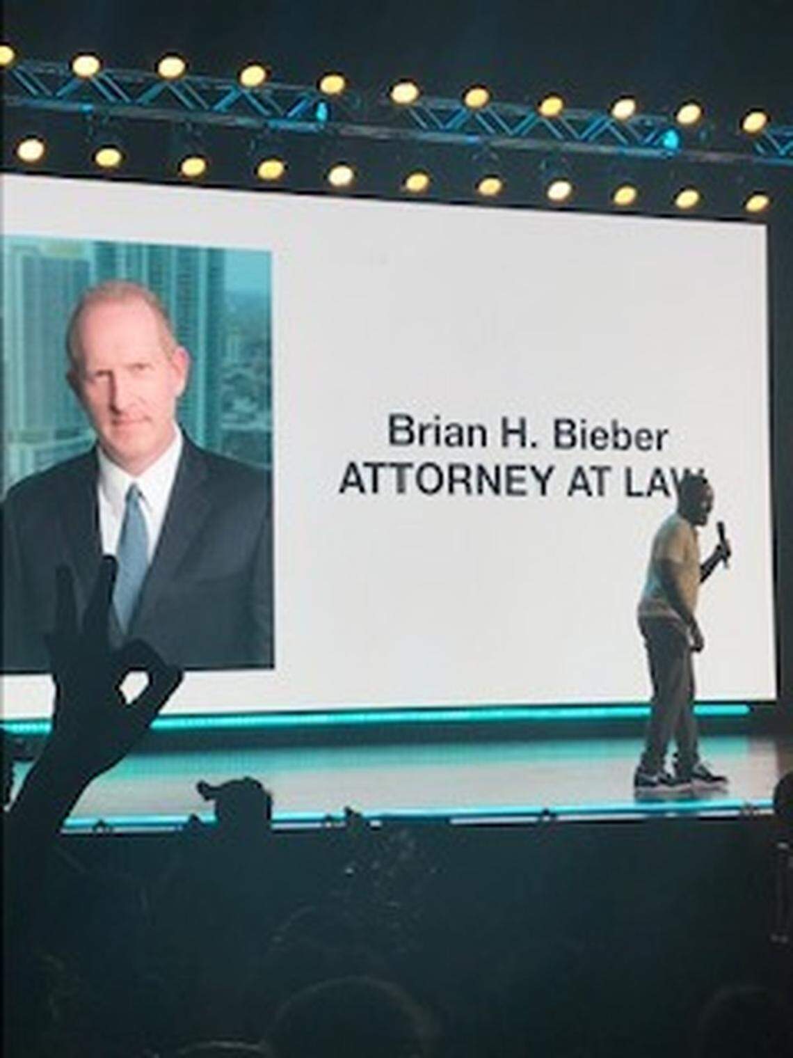 Comedian Hannibal Buress put a photo of his Miami defense attorney, Brian Bieber, up on stage during a performance at the Olympia Theater on Aug. 10, 2019. Bieber helped Buress beat a misdemeanor charge of disorderly intoxication.