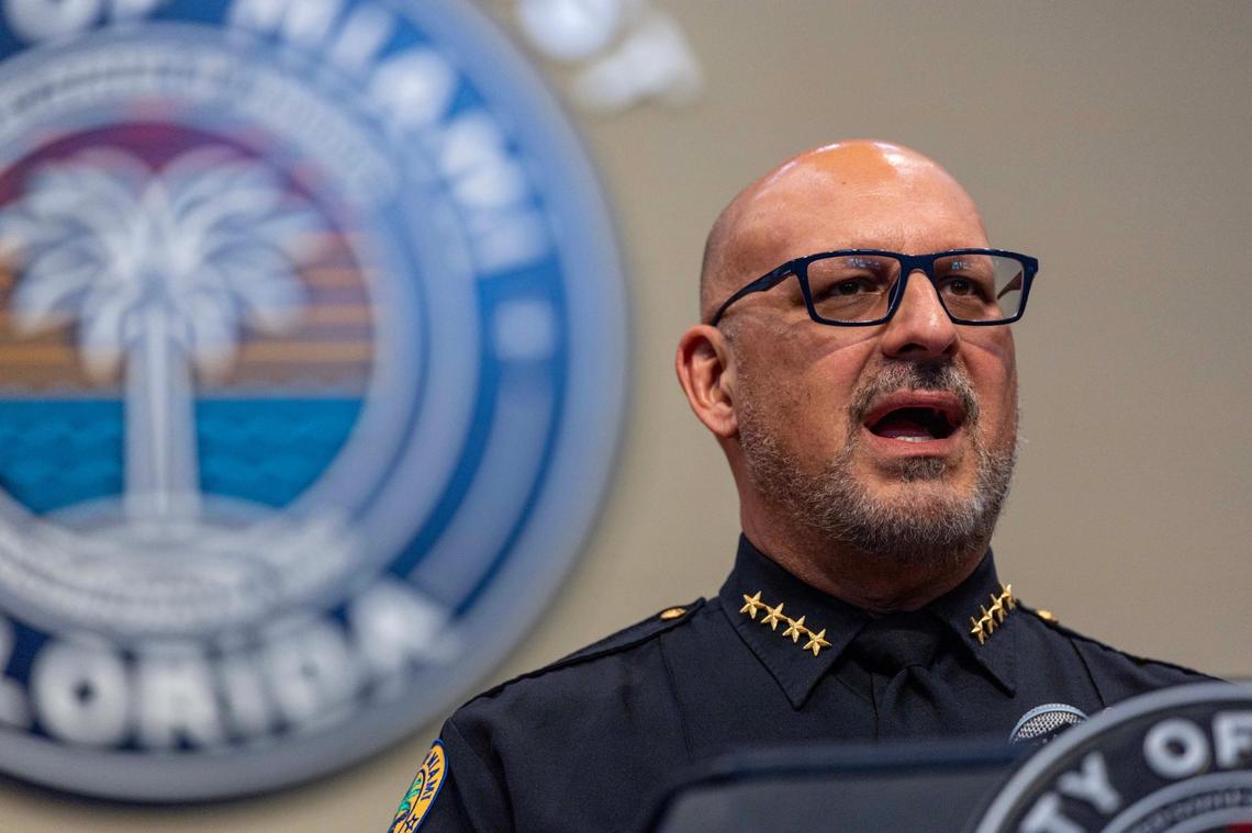 Miami Chief of Police Manuel A. Morales speaks to the media during a press conference discussing mid-year crime stats on Thursday, July 17, 2025.