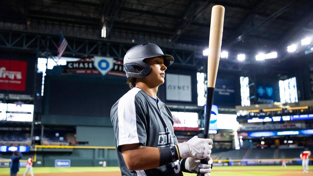 Jun 18, 2024; Phoenix, AZ, USA; Robert Service High School catcher Coen Niclai during the MLB Draft Combine at Chase Field.