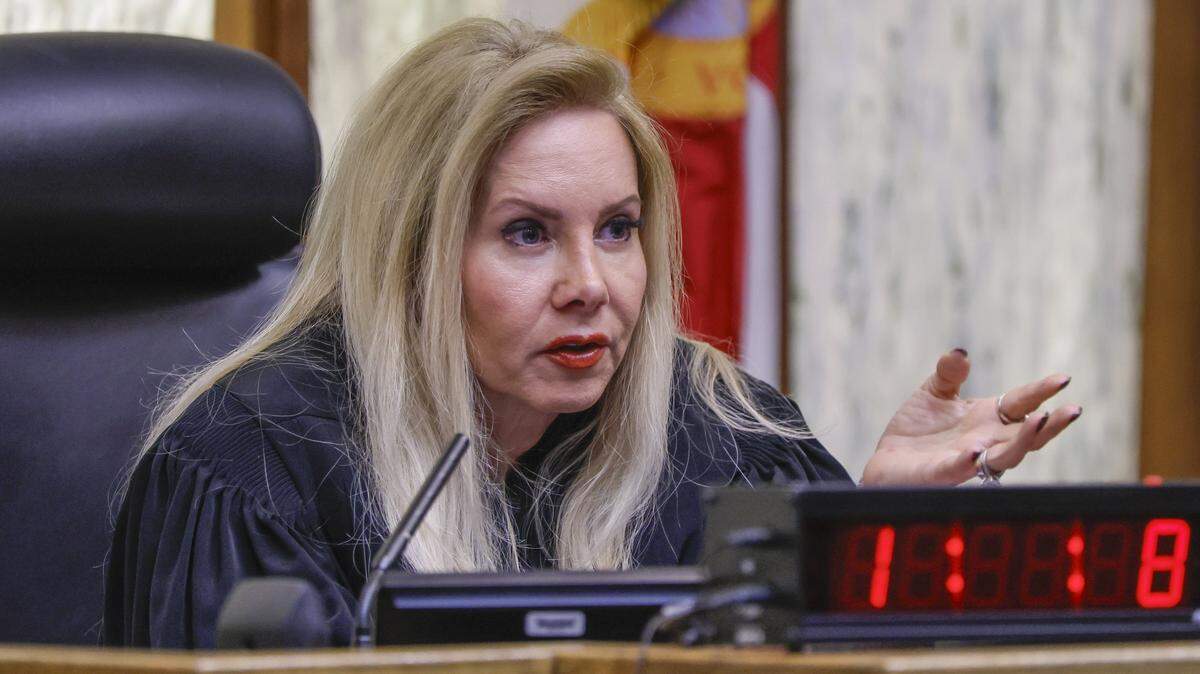 Judge Cristina Miranda speaks to attorneys during the trial of Rashaun Jones in Courtroom 4-1 at the Richard E. Gerstein Justice Building on Thursday, February 26, 2026. Jones is accused of killing his University of Miami football teammate Bryan Pata in 2006.