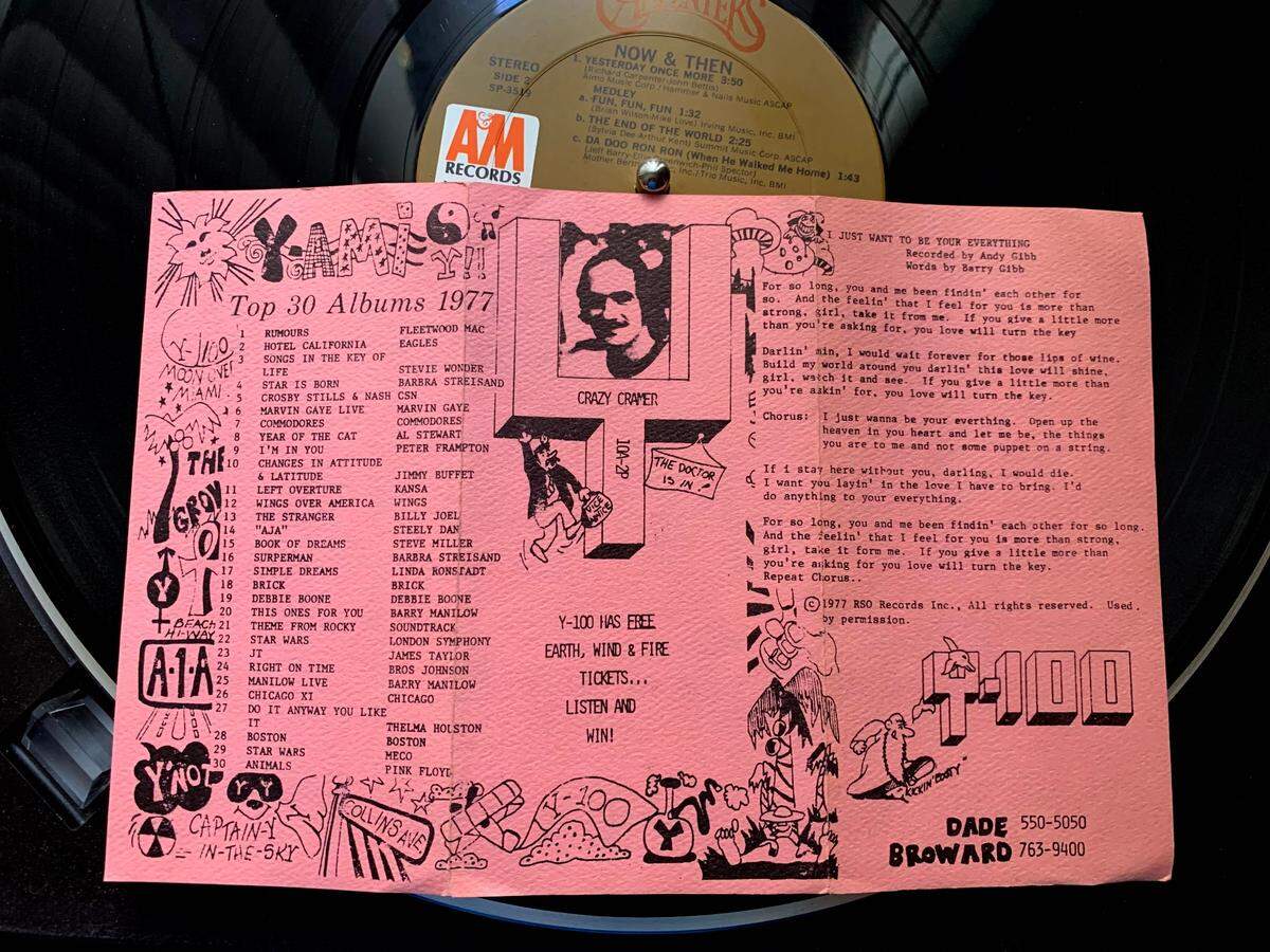 DJ “Crazy” Cramer Haas is pictured on this Jan. 4, 1978 Y-100 playlist. The No. 1 album in South Florida for the year 1977, according to the station, was Fleetwood Mac’s “Rumours.” The No. 1 song of that year was Andy Gibb’s “I Just Want to Be Your Everything.” Gibb recorded the song at North Miami’s Criteria Studios. Barry Gibb, who still lives in Miami Beach, wrote the hit for his younger brother. 