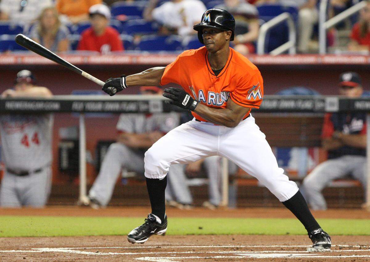 Miami Marlins left fielder Juan Pierre batting in the first inning during the game MIami Marlins vs  Washington Nationals  at the Marlins Park on Tuesday, July 14, 2013.