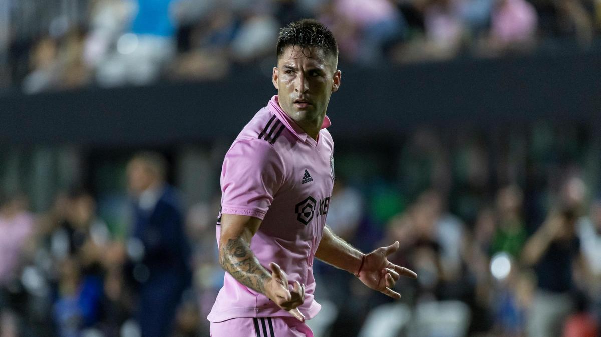 Inter Miami defender Franco Negri (33) reacts after scoring a goal against Chicago Fire during the first half of an MLS match at DRV PNK Stadium on Saturday, March 25, 2023, in Fort Lauderdale, Fla.