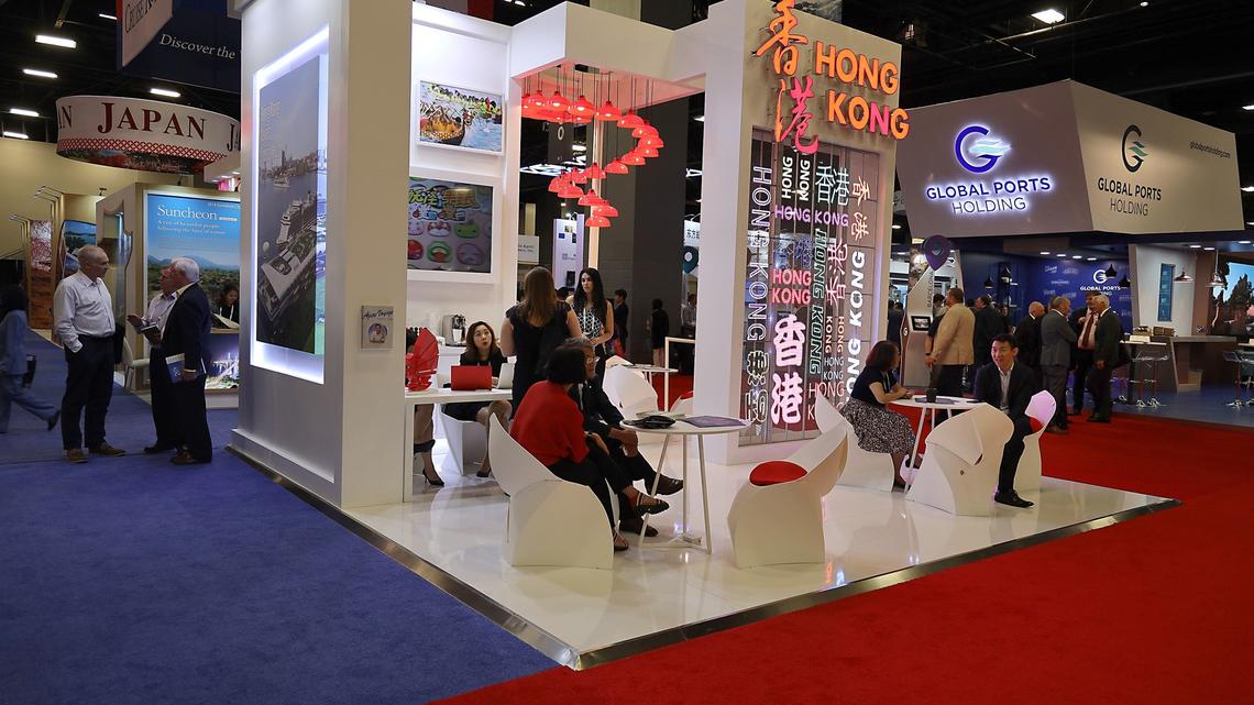 Hong Kong Tourism Board displays a neon sign promoting cruising in Hong Kong at the HKTB exhibit space during SeaTrade Cruise Global, the four-day cruise industry’s leading annual business-to-business event, continues through Thursday, at the Miami Beach Convention Center on Tuesday, April 9, 2019.