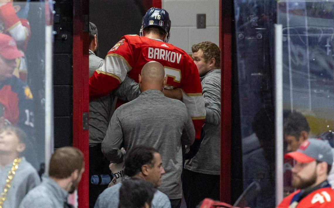 Florida Panthers center Aleksander Barkov (16) walks into the locker room after got injured in a play against the Edmonton Oilers during the third period of Game 2 of the NHL Stanley Cup Final at the Amerant Bank Arena on Monday, June 10, 2024, in Sunrise, Fla.